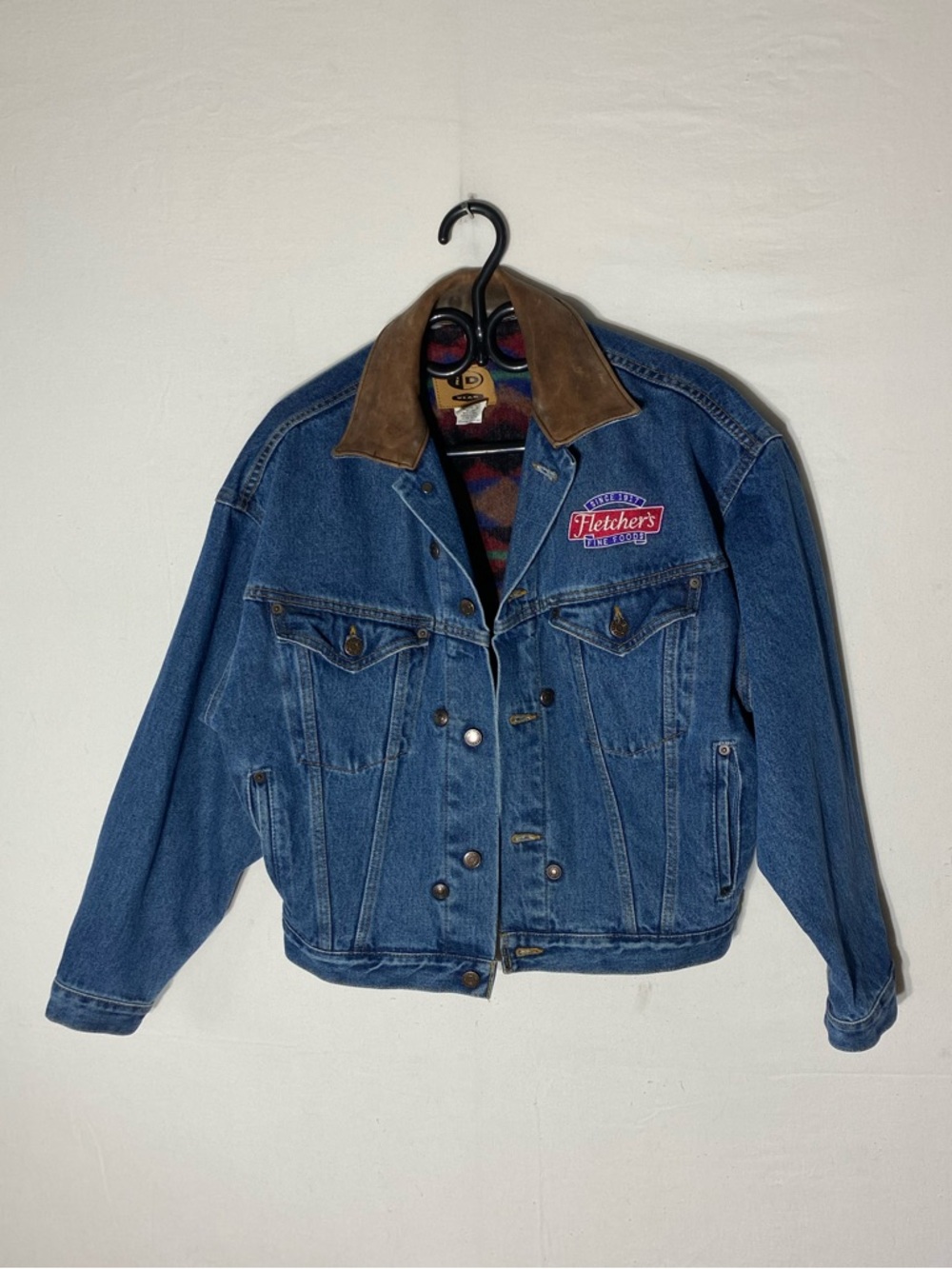 Vintage Denim Trucker Jacket Leather Collar Removable Fleece Liner S Work Wear